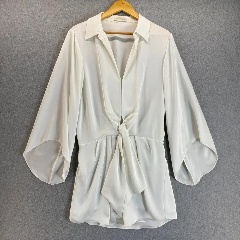 Ramy Brook Penny Bell Sleeve Mini Dress White Tie Front LS Collar Womens Size L?